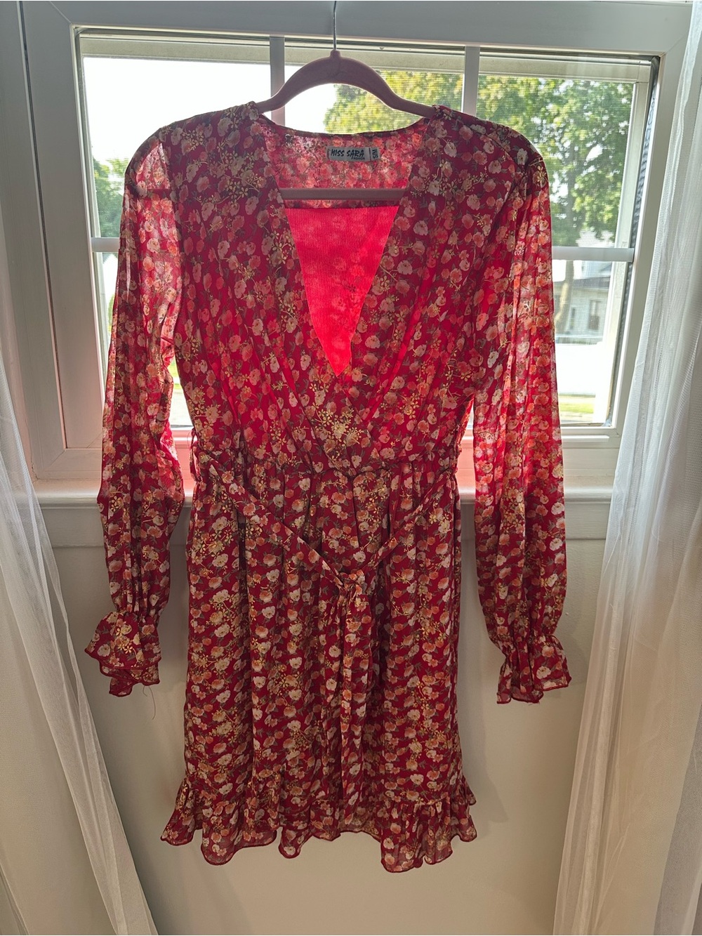 Free People Red Floral Long-Sleeve Wrap Dress